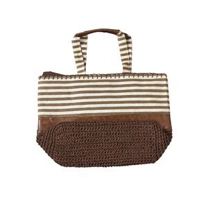 Boho Striped Woven Tote Bag with Leather‎ Trim